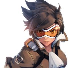 Rule 34 | 1girl, brown eyes, brown hair, goggles, jacket, looking at viewer, overwatch, overwatch 1, shizuma yoshinori, short hair, simple background, smile, solo, spiked hair, tracer (overwatch), union jack, white background