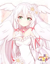 Rule 34 | 1girl, angel, angel wings, bare shoulders, breasts, cleavage, dress, elbow gloves, flower, gloves, green eyes, hair flower, hair ornament, hand on own chest, head wings, highres, long hair, looking at viewer, lucielle, medium breasts, original, parted lips, sana hamada, solo, wedding dress, white dress, white gloves, white hair, wings, x hair ornament