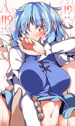 Rule 34 | !?, 1girl, arm grab, blue eyes, blue hair, blush, breasts, commentary request, covering own mouth, gokuu (acoloredpencil), hand over own mouth, heart, heart-shaped pupils, heterochromia, highres, implied sex, large breasts, long sleeves, looking at viewer, motion lines, navel, no panties, out-of-frame censoring, red eyes, short hair, solo focus, symbol-shaped pupils, tatara kogasa, tears, touhou