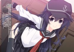 Rule 34 | 1girl, akatsuki (kancolle), anchor symbol, artist name, black eyes, black hair, black hat, black sailor collar, black skirt, black thighhighs, character name, closed mouth, clothes lift, commentary request, cowboy shot, dutch angle, flat cap, hat, inaba shiki, kantai collection, leaning forward, long hair, looking at viewer, panties, pleated skirt, sailor collar, school uniform, serafuku, skirt, skirt lift, smile, solo, thighhighs, underwear, white panties