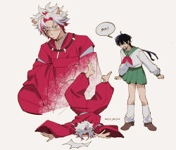 Rule 34 | 2boys, absurdres, animal ears, bead necklace, beads, black hair, cosplay, crossdressing, dog ears, green skirt, highres, higurashi kagome, higurashi kagome (cosplay), inuyasha, inuyasha (character), inuyasha (character) (cosplay), japanese clothes, jewelry, long sleeves, moji mojis, multiple boys, necklace, open mouth, rover (wuthering waves), scar (wuthering waves), school uniform, serafuku, skirt, speech bubble, white hair, white serafuku, wide sleeves, wuthering waves