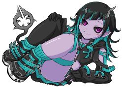 Rule 34 | 1girl, nanashi inc., absurdres, alternate eye color, alternate skin color, belt, black footwear, black gloves, black hair, black jacket, black sclera, black skirt, black thighhighs, blue belt, blue hair, blue panties, blue socks, blush, chest belt, closed mouth, clothing cutout, colored sclera, colored skin, commentary request, commission, cropped jacket, cross-laced clothes, cross-laced sleeves, demon girl, demon horns, demon tail, fang, fang out, flat chest, full body, garter straps, gloves, grey skirt, hand on own knee, highres, horns, jacket, layered skirt, long hair, long sleeves, looking at viewer, multicolored hair, norio minami, panties, partially fingerless gloves, pink eyes, pointy ears, purple skin, red eyes, shishio chris, shoes, shoulder cutout, simple background, single thighhigh, skeb commission, skirt, smile, sneakers, socks, solo, sugar lyric, tail, thighhighs, transparent background, two-tone hair, underwear, virtual youtuber, zipper skirt