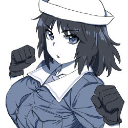 Rule 34 | 1girl, breasts, button gap, girls und panzer, gloves, hat, highres, jacket, large breasts, long hair, looking at viewer, murakami (girls und panzer), onsen tamago (hs egg), ooarai military uniform, parted lips, sailor hat, simple background, solo, upper body, white background