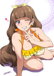 Rule 34 | 1girl, amanogawa kirara, artist name, breasts, brown hair, cleavage, covered erect nipples, fake nails, finger to mouth, fingernails, go! princess precure, gradient background, grin, heart, joy ride, large breasts, leaning forward, long fingernails, long hair, looking at viewer, nail polish, nipples, one eye closed, precure, purple eyes, see-through, sitting, smile, solo