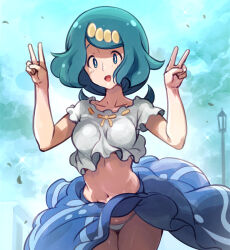 Rule 34 | 1girl, :d, blue skirt, breasts, bright pupils, clothes lift, collarbone, commentary request, creatures (company), day, double v, ero kaeru, falling leaves, frills, game freak, green eyes, green hair, hands up, lana&#039;s mother (pokemon), leaf, leaning forward, long hair, looking at viewer, mature female, medium breasts, navel, nintendo, no sclera, open mouth, outdoors, panties, pokemon, pokemon (anime), pokemon sm (anime), shirt, short sleeves, skirt, skirt lift, smile, solo, underwear, v, white pupils