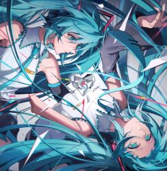Rule 34 | 2girls, amputee, arm around waist, bending backward, black sleeves, blue eyes, blue necktie, breasts, clone, closed mouth, collared shirt, cowboy shot, crying, crying with eyes open, detached sleeves, doll joints, empty eyes, floating hair, hair ornament, hatsune miku, heart, joints, long hair, long sleeves, looking at another, medium breasts, missing limb, multiple girls, necktie, nyansky, parted lips, profile, shirt, sleeveless, sleeveless shirt, tears, twintails, unknown mother goose (vocaloid), very long hair, vocaloid, white shirt