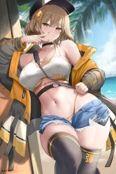 Rule 34 | 1girl, anis (nikke), baseball cap, beach, bikini, bikini under clothes, black thighhighs, blue sky, breasts, brown eyes, brown hair, cloud, crop top, curvy, cyicheng, day, denim, denim shorts, goddess of victory: nikke, gold trim, grin, hair ornament, hat, heart, large breasts, lens flare, navel, ocean, open fly, orange nails, outdoors, palm tree, short shorts, shorts, sky, smile, solo, stomach, swimsuit, thighhighs, thighs, tree, v over mouth, white bikini
