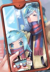 Rule 34 | 1boy, 1other, absurdres, blue scarf, blurry, character doll, commentary request, creatures (company), day, doll, eyelashes, game freak, gen 4 pokemon, green hair, grey eyes, grusha (pokemon), hand in pocket, hand up, highres, holding, holding doll, jacket, long hair, long sleeves, nintendo, outdoors, pokemon, pokemon sv, rotom, rotom phone, scarf, shiruko (s1ruko), striped clothes, striped scarf, sweatdrop, yellow jacket