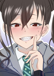 Rule 34 | 1girl, absurdres, blush, brown eyes, brown hair, commentary request, finger to cheek, forced smile, grin, hair between eyes, highres, idolmaster, idolmaster cinderella girls, katana8810, long hair, looking at viewer, mole, mole under eye, no mask, sharp teeth, simple background, smile, solo, sunazuka akira, teeth, twintails, upper body
