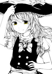 Rule 34 | 1girl, apron, bad id, bad pixiv id, bow, braid, brooch, greyscale, hand on headwear, hand on own hip, hat, hat ribbon, igyouhime, jewelry, kirisame marisa, long hair, looking at viewer, monochrome, puffy short sleeves, puffy sleeves, ribbon, short sleeves, single braid, smile, solo, spot color, touhou, upper body, vest, waist apron, yellow eyes