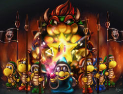 Rule 34 | 6+boys, blue eyes, blue shell (mario), boser, bowser, evil grin, evil smile, flag, glasses, grin, horns, kamek, koopa troopa, looking at viewer, mario (series), multiple boys, nintendo, polearm, red eyes, smile, spear, spikes, standing, super star (mario), the super mario bros. movie, wand, weapon, wizard