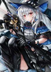 Rule 34 | 1girl, arknights, ascot, black capelet, black gloves, black hat, black pants, blush, bracelet, capelet, commission, feet out of frame, gloves, grey ascot, grey hair, hat, highres, holding, holding sword, holding weapon, infection monitor (arknights), jewelry, knees up, light rays, long hair, looking at viewer, on (yattemasu), pants, parted lips, red eyes, sitting, skadi (arknights), solo, sword, very long hair, weapon