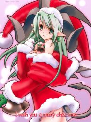 Rule 34 | 1girl, bare shoulders, bat wings, bell, bell earrings, breasts, christmas, cleavage, demon girl, demon tail, dress, earrings, english text, fur trim, gloves, green eyes, green hair, hat, horns, jewelry, jpeg artifacts, large breasts, long hair, looking back, matching hair/eyes, merry christmas, nasca, ongaku nasca, open mouth, pointy ears, santa costume, short dress, solo, standing, strapless, strapless dress, tail, white gloves, wings