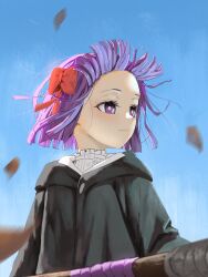 Rule 34 | 1girl, absurdres, aged down, black robe, blue sky, bow, day, fern (sousou no frieren), hair bow, highres, outdoors, purple eyes, purple hair, red bow, robe, short hair, sky, solo, sousou no frieren, staff, tanac mangi