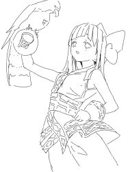 Rule 34 | 1girl, ainu clothes, arm up, breasts, fingerless gloves, gloves, hair ribbon, hand on own hip, highres, legs, mamahaha, monochrome, nakoruru, pants, ribbon, samurai spirits, sketch, small breasts, snk, the king of fighters, thighs