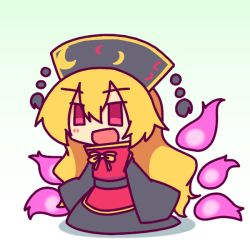Rule 34 | &gt;:d, 1girl, :d, black dress, blonde hair, chibi, chinese clothes, dress, hat, junko (touhou), kakinoki mikan (kari), long hair, multiple tails, open mouth, red eyes, sketch, smile, solo, tabard, tail, touhou, v-shaped eyebrows, very long hair, wavy hair