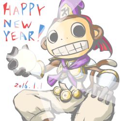 Rule 34 | 1boy, 2016, armor, artist request, chinese zodiac, clenched teeth, dated, deva (digimon), digimon, digimon (creature), empty eyes, expressionless, gloves, glowing, glowing weapon, happy new year, hat, looking at viewer, makuramon, monkey, monkey (chinese zodiac), monkey boy, monkey tail, new year, no humans, open mouth, orb, simple background, solo, tail, teeth, weapon, white background, year of the monkey