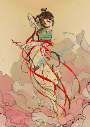 Rule 34 | 1girl, alcohol, barefoot, black eyes, black hair, chinese clothes, chinese hairpin, closed mouth, cowboy shot, dancing, dipper, faux traditional media, flower, from side, green shirt, hair bun, hand up, hanfu, highres, holding, holding spoon, ink wash painting, jiu niangzi, layered sleeves, leg up, liquor, long hair, long skirt, long sleeves, looking to the side, on flower, peony (flower), pink flower, red shawl, reverse:1999, rusple xiao, shawl, shirt, short over long sleeves, short sleeves, single side bun, skirt, solo, spilling, spoon, turning head, weibo logo, weibo watermark, white sleeves, yellow background, yellow skirt