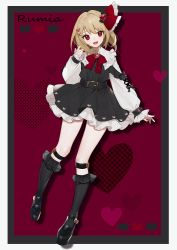 Rule 34 | 1girl, absurdres, adapted costume, belt, belt buckle, black dress, black footwear, black socks, blonde hair, buckle, center frills, character name, commentary request, daimaou ruaeru, dress, frilled dress, frilled ribbon, frilled sleeves, frills, full body, hair ornament, hair ribbon, head tilt, heart, heart hair ornament, highres, kneehighs, long sleeves, looking at viewer, nail polish, neck ribbon, open mouth, pink nails, puffy long sleeves, puffy sleeves, red eyes, red ribbon, ribbon, rumia, shirt, sleeves past wrists, smile, socks, solo, standing, touhou, white shirt, x hair ornament