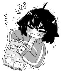 Rule 34 | 1girl, ahoge, anger vein, artist self-insert, bag of chips, clenched teeth, closed eyes, collarbone, commentary request, cropped torso, facing viewer, flying sweatdrops, greyscale, hair between eyes, highres, holding, jacket, lightning bolt symbol, long sleeves, monochrome, naga u, naga u-chan, open clothes, open jacket, original, shirt, short eyebrows, simple background, sleeves past wrists, solo, teeth, thick eyebrows, track jacket, translated, trembling, upper body, white background
