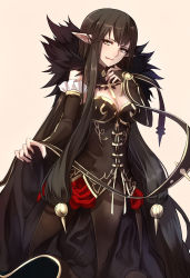 Rule 34 | 1girl, :p, between breasts, black cape, black dress, black hair, breasts, bridal gauntlets, brown background, cape, dress, fate/apocrypha, fate (series), fingernails, fur collar, gold trim, hair ornament, hand up, head tilt, highres, long dress, long hair, looking at viewer, medium breasts, pointy ears, semiramis (fate), sharp fingernails, shigure s, sidelocks, simple background, skirt hold, slit pupils, solo, standing, straight hair, tongue, tongue out, turtleneck, very long hair, yellow eyes