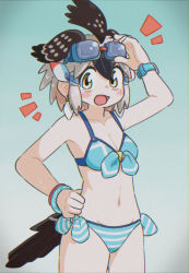 Rule 34 | +++, 1girl, absurdres, adjusting eyewear, appleq, arm up, bangle, bikini, black hair, bracelet, breasts, cleavage, collarbone, film grain, front-tie bikini top, front-tie top, goggles, goggles on head, greater roadrunner (kemono friends), grey hair, hair between eyes, hair tubes, hand on eyewear, hand up, head wings, highres, jewelry, kemono friends, kemono friends 2, looking at viewer, medium hair, multicolored hair, navel, open mouth, side-tie bikini bottom, side-tie bottom, small breasts, solo, stomach, striped bikini, striped clothes, swimsuit, watch, wet, wings, wristwatch, yellow eyes