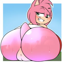 Rule 34 | 1girl, amy rose, ass, ass focus, blush, cleft of venus, furry, furry female, green eyes, hedgehog, hedgehog ears, hedgehog tail, highres, huge ass, kloudmutt, looking back, pussy, smile, solo, sonic (series), uncensored