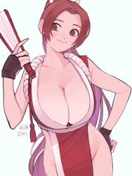 Rule 34 | 1girl, absurdres, artist name, blush, breasts, brown eyes, brown hair, cleavage, commentary, english commentary, fatal fury, folded fan, folding fan, hand fan, high ponytail, highres, holding, holding fan, large breasts, long hair, ninja, ponytail, revealing clothes, rikikitty, rope, shiranui mai, smile, snk, solo, the king of fighters, thighs