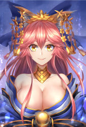 Rule 34 | 1girl, airysher, animal ears, bare shoulders, bell, blue ribbon, bow, breasts, cleavage, collarbone, fate/grand order, fate (series), fox ears, hair between eyes, hair bow, hair ribbon, highres, japanese clothes, large breasts, long hair, looking at viewer, off shoulder, official alternate costume, pink hair, ribbon, solo, tamamo (fate), tamamo no mae (fate/extra), tamamo no mae (third ascension) (fate), yellow eyes
