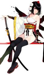 Rule 34 | 1girl, arm at side, arm support, arm warmers, asymmetrical clothes, bare shoulders, black hair, black ribbon, black thighhighs, black wings, breasts, closed mouth, collarbone, cowboy shot, eyelashes, groin, hat, highres, katana, kayahara, kourindou tengu costume, loincloth, long sleeves, looking at viewer, medium breasts, no panties, obi, pelvic curtain, pom pom (clothes), red eyes, ribbon, ribbon-trimmed sleeves, ribbon trim, sandals, sarashi, sash, scabbard, shameimaru aya, sheath, sheathed, short hair, simple background, sitting, solo, spread wings, sword, tassel, thighhighs, tokin hat, touhou, weapon, white background, wide sleeves, wings