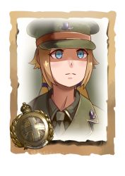 Rule 34 | 1girl, blonde hair, blue eyes, british army, closed mouth, company of heroes, hat, jacket, long hair, medium hair, military, military hat, military jacket, military uniform, necktie, original, portrait, shaded face, solo, twintails, uniform, world war ii, zhainan s-jun