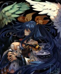 Rule 34 | 1girl, angel wings, asymmetrical wings, bare shoulders, blue eyes, blue hair, breasts, character name, cleavage, dizzy (guilty gear), guilty gear, guilty gear xrd, highres, large breasts, long hair, monster girl, own hands together, shpr0ta, solo, tears, twintails, wings