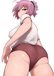 Rule 34 | 1girl, aoba (kancolle), black scrunchie, buruma, character request, from behind, from below, green eyes, gym shirt, gym uniform, hair ornament, hair scrunchie, highres, ikadamo, kantai collection, looking at viewer, looking back, messy hair, ponytail, purple hair, red buruma, scrunchie, shirt, short hair, simple background, solo, t-shirt, white background, white shirt