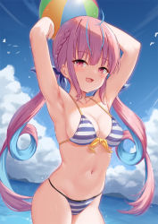 Rule 34 | 1girl, :d, armpits, arms up, ball, bare arms, bare shoulders, beachball, bikini, blue hair, blue sky, blush, braid, breasts, cleavage, cloud, cloudy sky, day, front-tie bikini top, front-tie top, highres, holding, holding ball, hololive, long hair, looking at viewer, medium breasts, milkshakework, minato aqua, minato aqua (hololive summer 2019), multicolored hair, navel, open mouth, outdoors, pink hair, purple eyes, revision, sidelocks, sky, smile, solo, streaked hair, striped bikini, striped clothes, swimsuit, twintails, two-tone hair, very long hair, virtual youtuber, water