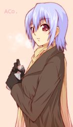 Rule 34 | 00s, 1girl, beige background, black gloves, coat, from side, gloves, gradient eyes, haruka shiya, izumi ako, long sleeves, looking at viewer, looking to the side, mahou sensei negima!, multicolored eyes, purple eyes, red eyes, scarf, short hair, silver hair, simple background, smile, solo, upper body, yellow scarf