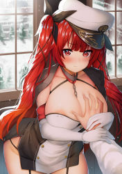 Rule 34 | 1boy, 1girl, areola slip, azur lane, b-ginga, black panties, blunt bangs, blush, breasts, chain, cleavage, collarbone, dress, elbow gloves, gloves, grabbing, grabbing another&#039;s breast, grabbing another's breast, guided breast grab, guiding hand, hair ornament, hair ribbon, hat, hetero, honolulu (azur lane), huge breasts, indoors, large breasts, leaning forward, long hair, long twintails, military, military hat, military uniform, miniskirt, panties, peaked cap, red eyes, red hair, ribbon, skirt, solo focus, standing, string panties, twintails, underwear, uniform, very long hair, white gloves, white hat, wide hips, window