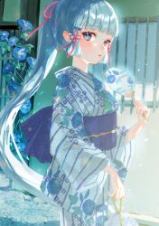 Rule 34 | 1girl, ayaka (genshin impact), bag, barred window, blue eyes, blue flower, blue hair, blue kimono, blunt bangs, blunt tresses, blush, closed mouth, cowboy shot, day, flower, from side, genshin impact, hair ribbon, hand fan, harushio, highres, holding, holding bag, holding fan, japanese clothes, kimono, lips, long hair, long sleeves, looking at viewer, obi, outdoors, paper fan, pink ribbon, ponytail, raised eyebrows, ribbon, sash, sidelocks, solo, striped clothes, striped kimono, uchiwa, very long hair, wide sleeves