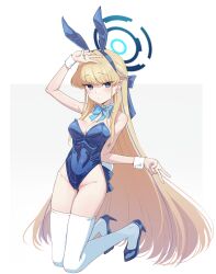 1girl absurdres animal_ears bare_shoulders blonde_hair blue_archive blue_bow blue_bowtie blue_eyes blue_leotard blush bow bowtie breasts cleavage closed_mouth commentary_request covered_navel detached_collar double_v fake_animal_ears full_body hair_ribbon hairband halo high_heels highleg highleg_leotard highres kneeling leotard liking long_hair looking_at_viewer medium_breasts official_alternate_costume playboy_bunny rabbit_ears rabbit_tail ribbon shoes simple_background solo strapless strapless_leotard tail thighhighs thighs toki_(blue_archive) toki_(bunny)_(blue_archive) v very_long_hair white_background wrist_cuffs