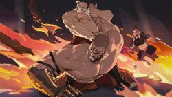 Rule 34 | 3boys, abs, avatar: the last airbender, avatar legends, bara, beard, belt, biceps, black eyes, combustion man (avatar), facial hair, fighting, fire, highres, iroh, large pectorals, locked arms, long hair, male focus, manly, mature male, military, military uniform, multiple boys, muscular, muscular male, nipples, one eye closed, pants, pectorals, ponytail, prosthesis, prosthetic arm, scar, scar on face, shaved head, skirt, tattoo, thick arms, tooboshoo, topless male, uniform, wrestling, zuko