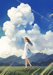 Rule 34 | 1girl, black hair, blue sky, closed eyes, cloud, dress, from side, full body, grass, harucoro25, hat, highres, medium hair, nature, original, paid reward available, sandals, scenery, sky, solo, standing, sun hat, white dress