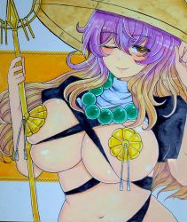 Rule 34 | 1girl, ;), ajirogasa, beads, breasts, brown eyes, closed mouth, commentary request, gradient hair, hair between eyes, hands up, hat, highres, hijiri byakuren, holding, holding staff, jewelry, large breasts, long hair, looking at viewer, multicolored hair, navel, necklace, one eye closed, pasties, pearl necklace, purple hair, simple background, skindentation, smile, solo, staff, tassel, touhou, upper body, very long hair, washiwa