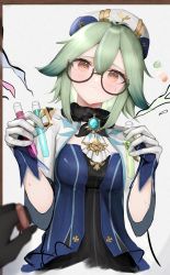 Rule 34 | 1girl, absurdres, bad id, bad pixiv id, blush, breasts, brooch, content rating, cowboy shot, cropped torso, disembodied hand, frown, genshin impact, glasses, gloves, hair between eyes, hat, highres, jewelry, medium breasts, mo (mainiti omoti), painterly, pov, pov hands, red eyes, semi-rimless eyewear, short hair, solo focus, sucrose (genshin impact), sweatdrop, test tube, under-rim eyewear, white background, white gloves