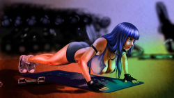 Rule 34 | 1girl, all fours, black hair, bra, breasts, cleavage, dripping, exercising, frown, gloves, gym shorts, highres, hyuuga hinata, imiran, large breasts, long hair, looking ahead, naruto, naruto (series), open bra, purple eyes, push-ups, shadow, shiny skin, shoes, shorts, sports bra, sweat, underwear, weights