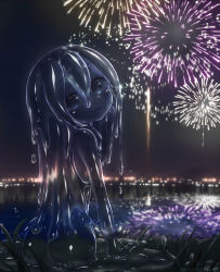 Rule 34 | 1girl, :d, arm support, curss, fireworks, from behind, head tilt, highres, long hair, looking at viewer, looking back, monster girl, night, night sky, nude, open mouth, original, outdoors, sitting, sky, slime girl, smile, solo, transparent, twitter username