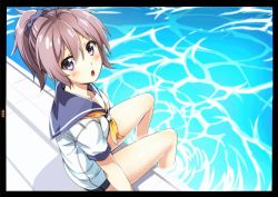 Rule 34 | 10s, 1girl, aoba (kancolle), arm support, arms at sides, bare legs, black border, blush, border, from above, hair between eyes, kantai collection, neckerchief, open mouth, ponytail, pool, purple eyes, purple hair, ripples, sailor collar, school uniform, scrunchie, serafuku, sitting, solo, water, zero (miraichizu)