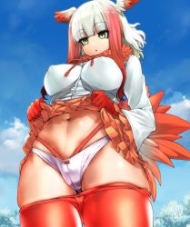 Rule 34 | 10s, 1girl, blue sky, blunt bangs, bow, bow panties, breasts, cameltoe, clothes lift, clothes pull, cloud, cloudy sky, commentary request, covered erect nipples, day, from below, gloves, head wings, highres, japanese crested ibis (kemono friends), kemono friends, large breasts, lifted by self, long hair, long sleeves, looking down, multicolored hair, navel, open mouth, outdoors, panties, pantyhose, pantyhose pull, pleated skirt, purple panties, red hair, red pantyhose, shirt, shourin bonzu, skindentation, skirt, skirt lift, sky, solo, standing, tail, tree, two-tone hair, underwear, white hair, wings, yellow eyes
