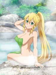 Rule 34 | 1girl, absurdres, ass, blonde hair, braid, breasts, butt crack, completely nude, covering privates, green eyes, green towel, hair between eyes, highres, large breasts, leafa, long hair, looking at viewer, mysteryctu, nude, nude cover, onsen, outdoors, paid reward available, pointy ears, ponytail, sitting, smile, solo, steam, sword art online, thighs, twin braids