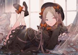 Rule 34 | 1girl, abigail williams (fate), black dress, blue eyes, bow, brown hair, dress, eyebrows, fate/grand order, fate (series), full body, glowing, glowing eyes, hair bow, heterochromia, holding, kawacy, legs up, long hair, long sleeves, looking at viewer, lying, on stomach, parted lips, red eyes, sandals, solo, sunlight, teeth, very long hair, window