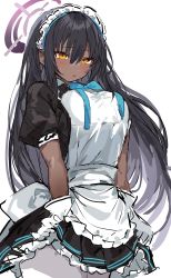 Rule 34 | 1girl, :o, apron, black dress, black hair, blue archive, blue bow, blue bowtie, blue ribbon, blush, bow, bowtie, breasts, brown eyes, clothes lift, cowboy shot, dark-skinned female, dark skin, dress, dress lift, frilled apron, frilled dress, frills, gloves, hair between eyes, half-closed eyes, halo, highres, inuyayo, karin (blue archive), large breasts, lifted by self, long hair, looking at viewer, maid, maid apron, maid headdress, neck ribbon, open mouth, pantyhose, parted lips, pleated dress, puffy short sleeves, puffy sleeves, ribbon, short sleeves, sidelocks, simple background, sketch, solo, very long hair, white apron, white background, white gloves, white pantyhose, yellow eyes