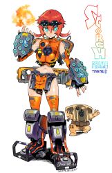 Rule 34 | 1girl, animification, aqua eyes, breasts, commentary request, constricted pupils, fingerless gloves, fire, full body, gauntlets, gloves, gun, has bad revision, headgear, kusada, large breasts, looking at viewer, md5 mismatch, mecha musume, midriff, navel, orange thighhighs, pyrokinesis, red hair, resolution mismatch, short hair, solo, source smaller, standing, thighhighs, titanfall, titanfall (series), titanfall 2, tsurime, weapon